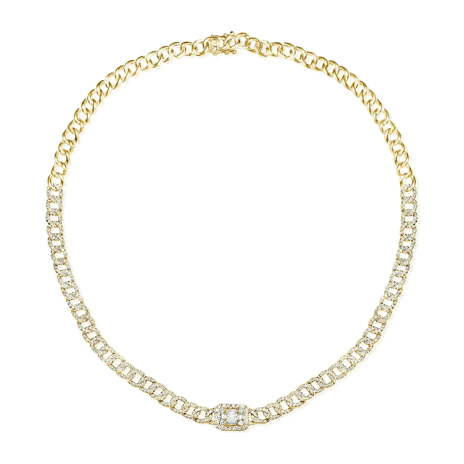 14k Gold & Baguette Diamond Curb Link Chain Necklace - 3.12ct