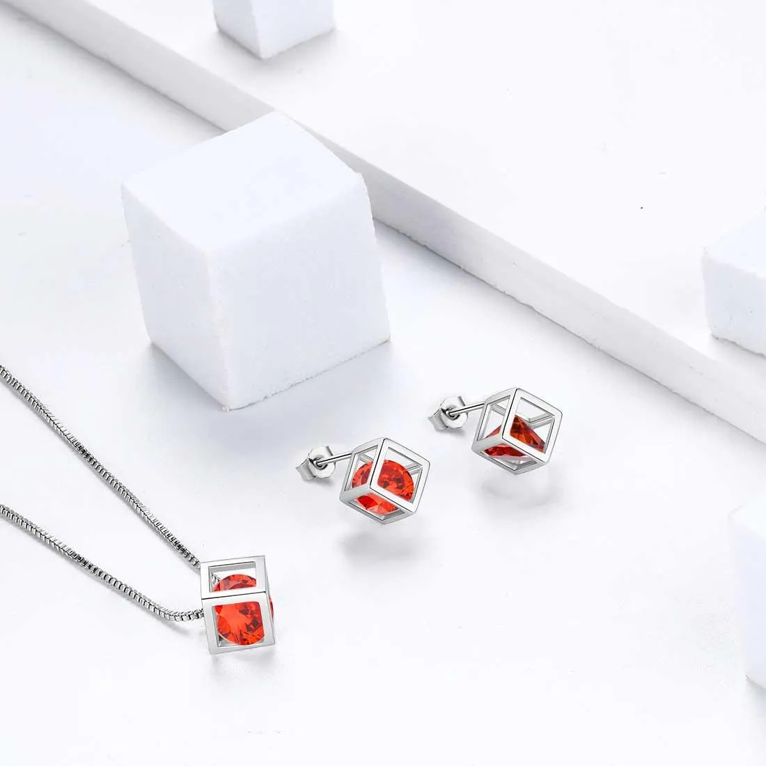 3D Cube Birthstone January Garnet Jewelry Set 3PCS Women Girls Birthday Gift