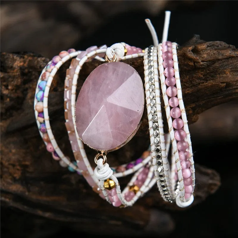 5 Layers Pink Natural Stones Rose Quartz Leather Cuff Wrap Boho Bracelets