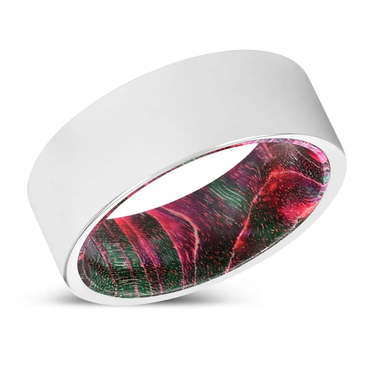 ANDRADE | Green & Red Wood, Silver Tungsten Ring, Shiny, Flat