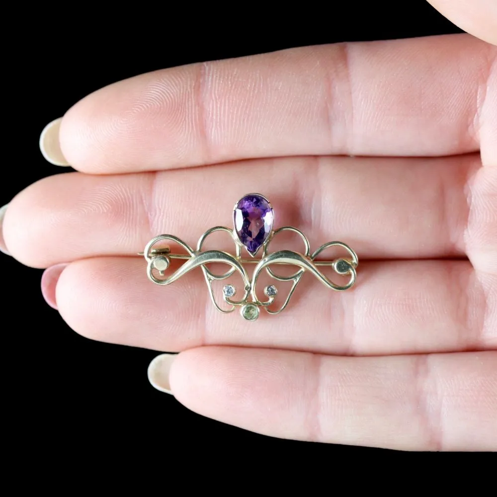 Antique Victorian 9Ct Gold Amethyst Suffragette Brooch Circa 1900