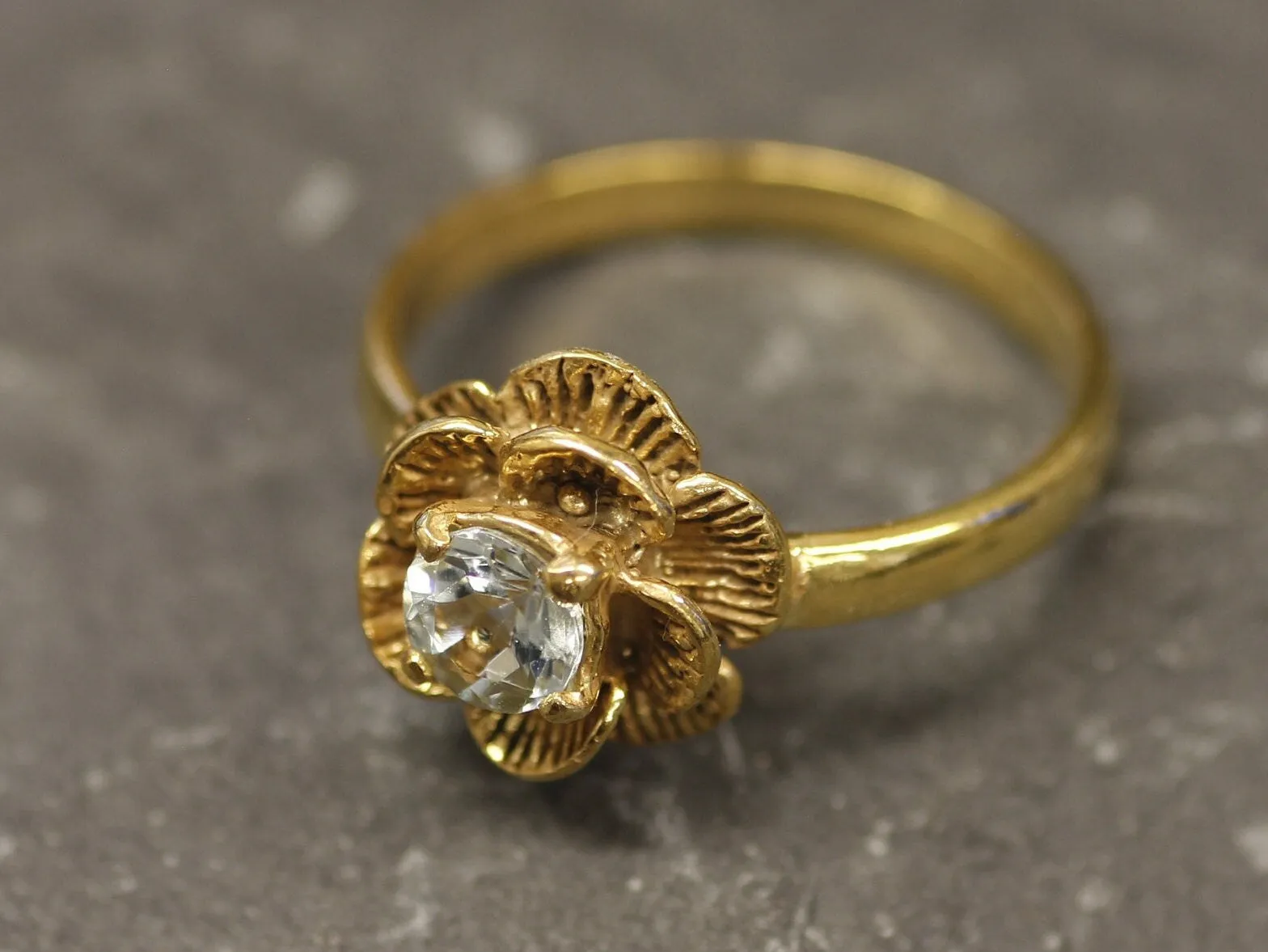 Aquamarine Gold Vintage Flower Ring, Rose Flower Ring, Natural Aquamarine Ring
