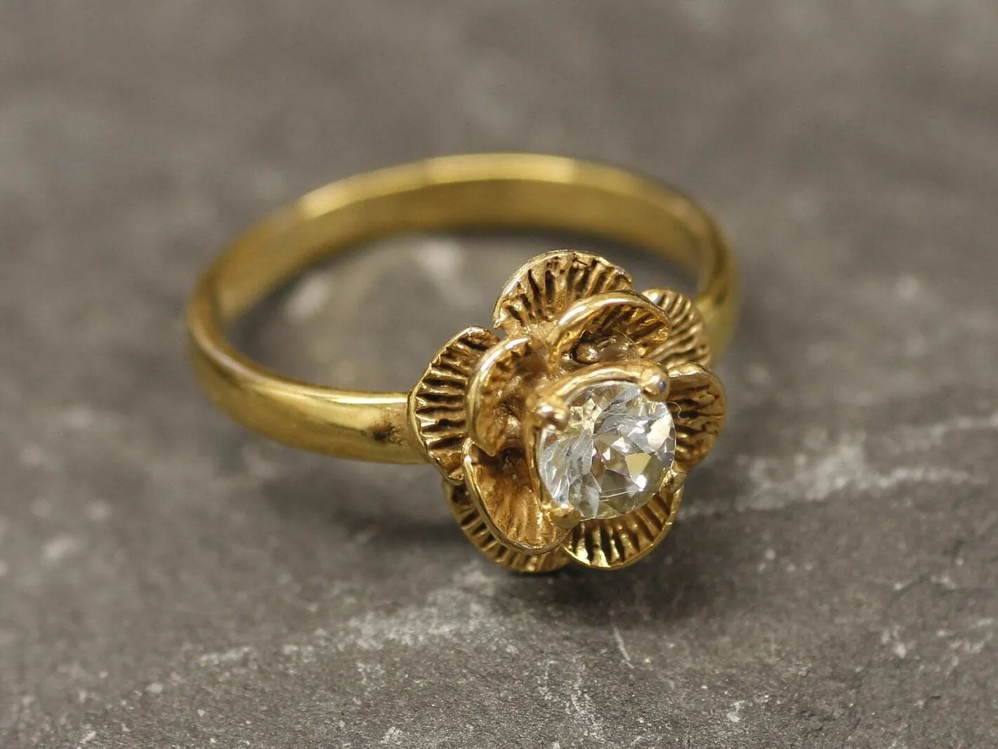 Aquamarine Gold Vintage Flower Ring, Rose Flower Ring, Natural Aquamarine Ring