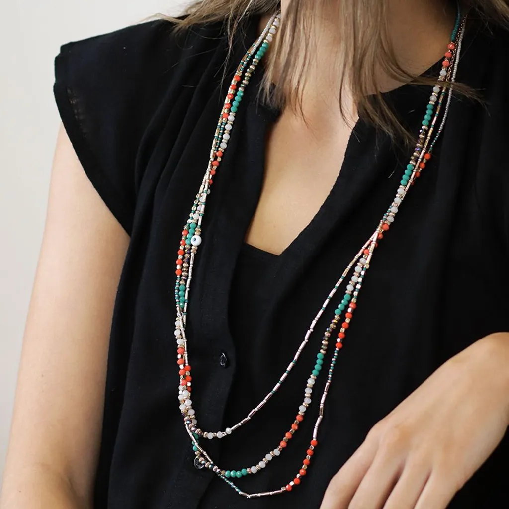 Coral, Turquoise & Gold Coloured Beaded Multi Strand Boho Necklace