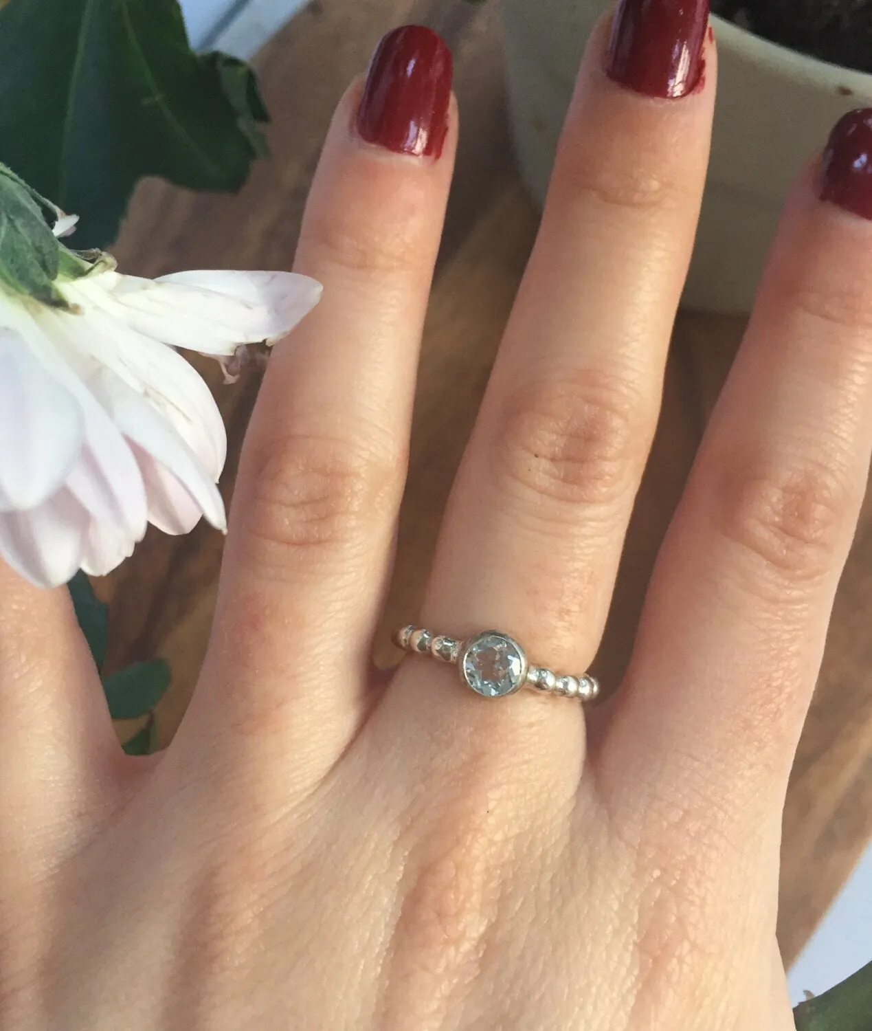 Dainty Blue Topaz Ring - Blue Topaz Solitaire Ring - Silver Bubble Band