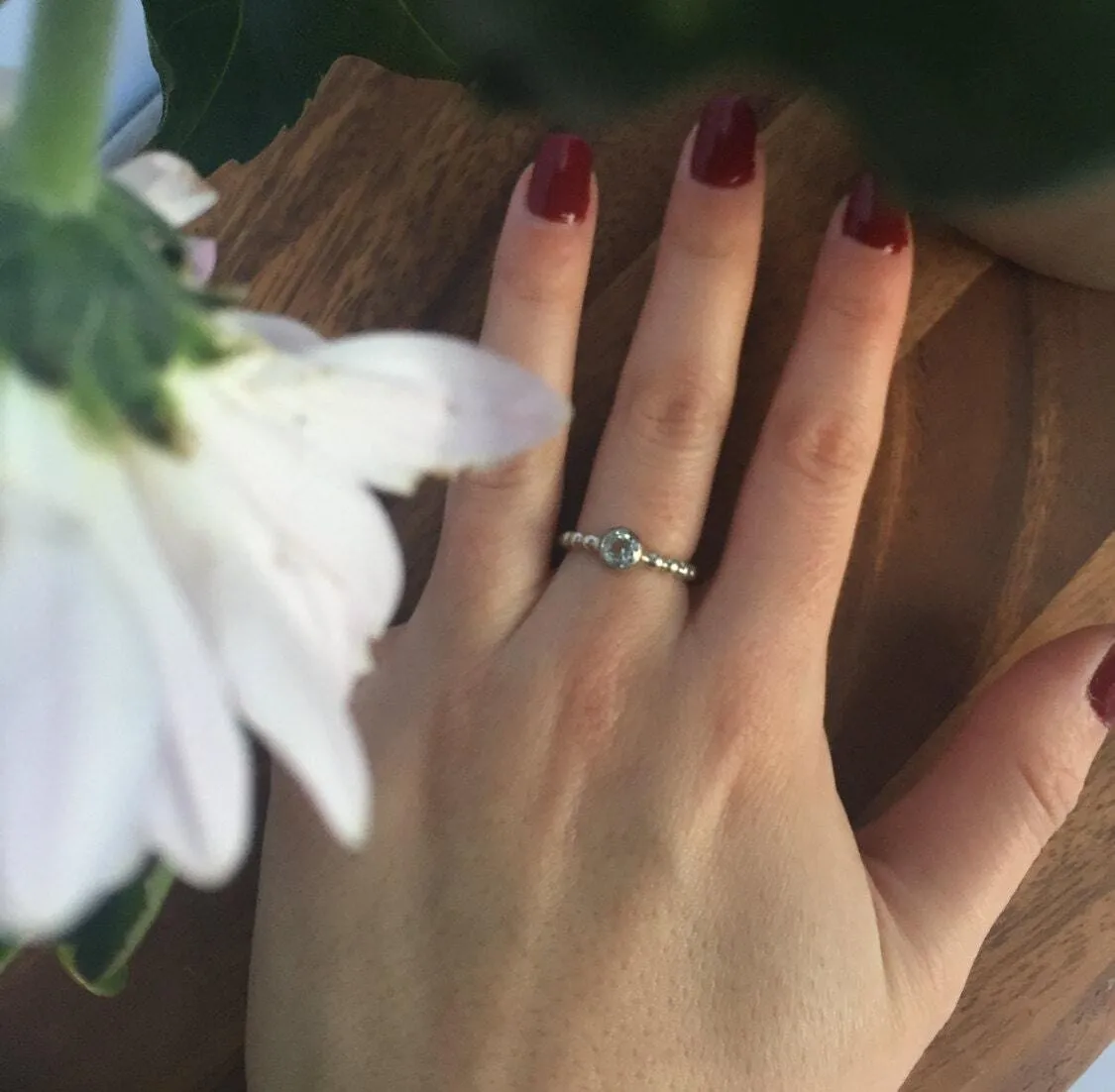 Dainty Blue Topaz Ring - Blue Topaz Solitaire Ring - Silver Bubble Band