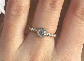Dainty Blue Topaz Ring - Blue Topaz Solitaire Ring - Silver Bubble Band