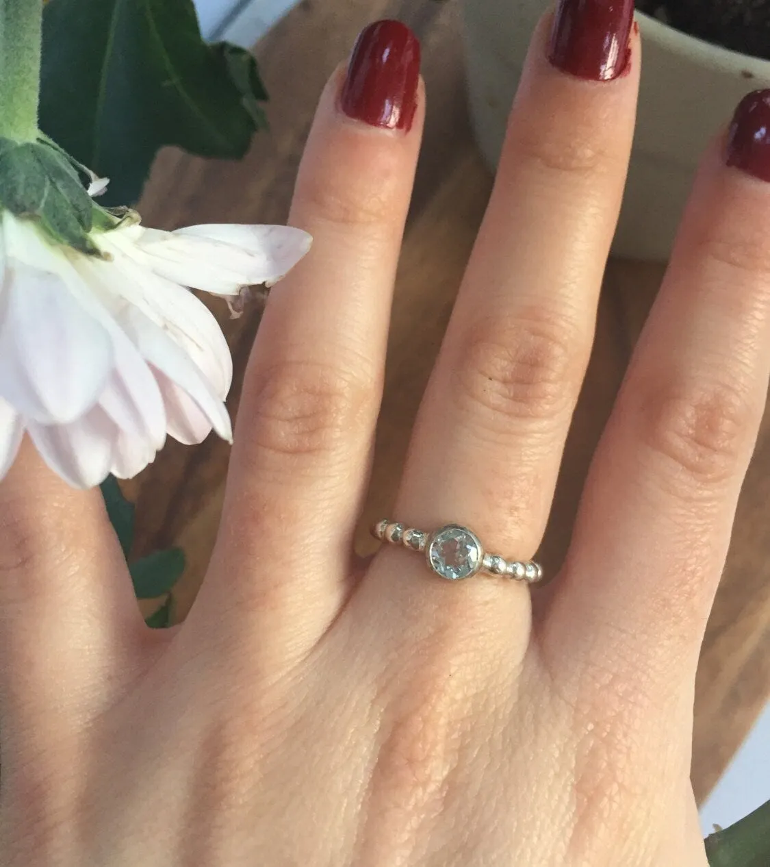 Dainty Blue Topaz Ring - Blue Topaz Solitaire Ring - Silver Bubble Band