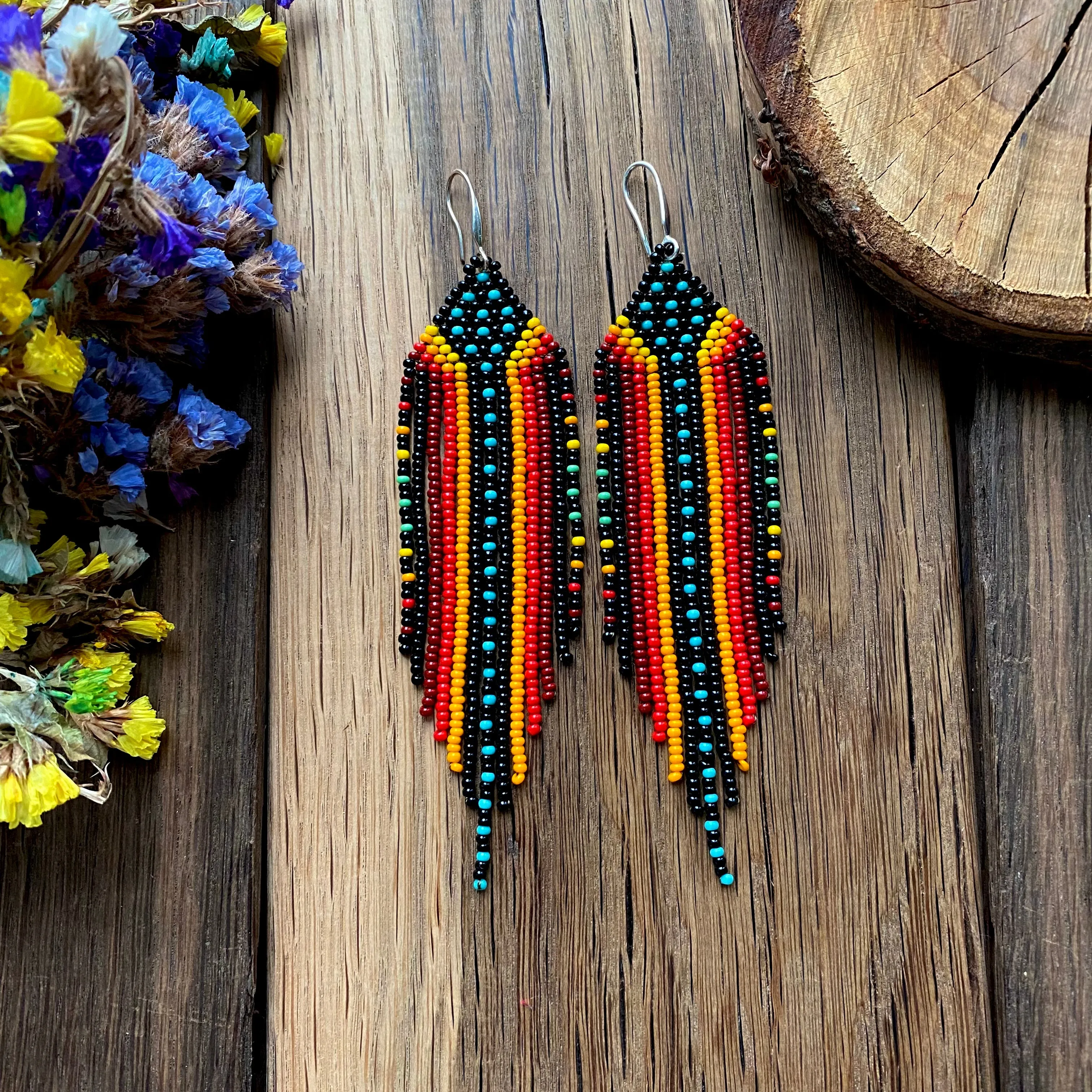 Dangle Colorful Seed Bead Chandelier Earrings for Women in boho hippie style. Statement Fringe Earrings. Long Indigenous style Earrings Native inspired. Ukraine seller.