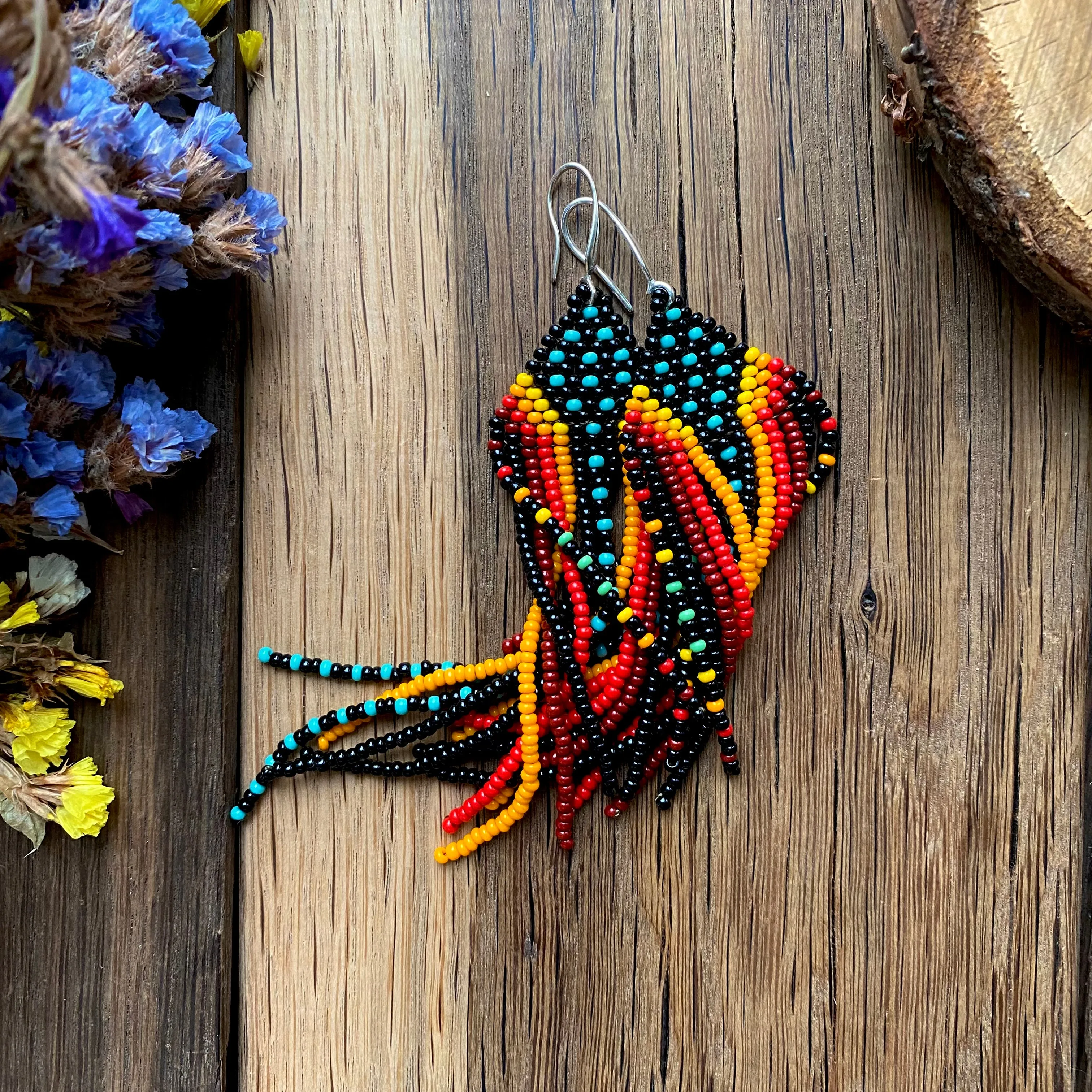 Dangle Colorful Seed Bead Chandelier Earrings for Women in boho hippie style. Statement Fringe Earrings. Long Indigenous style Earrings Native inspired. Ukraine seller.