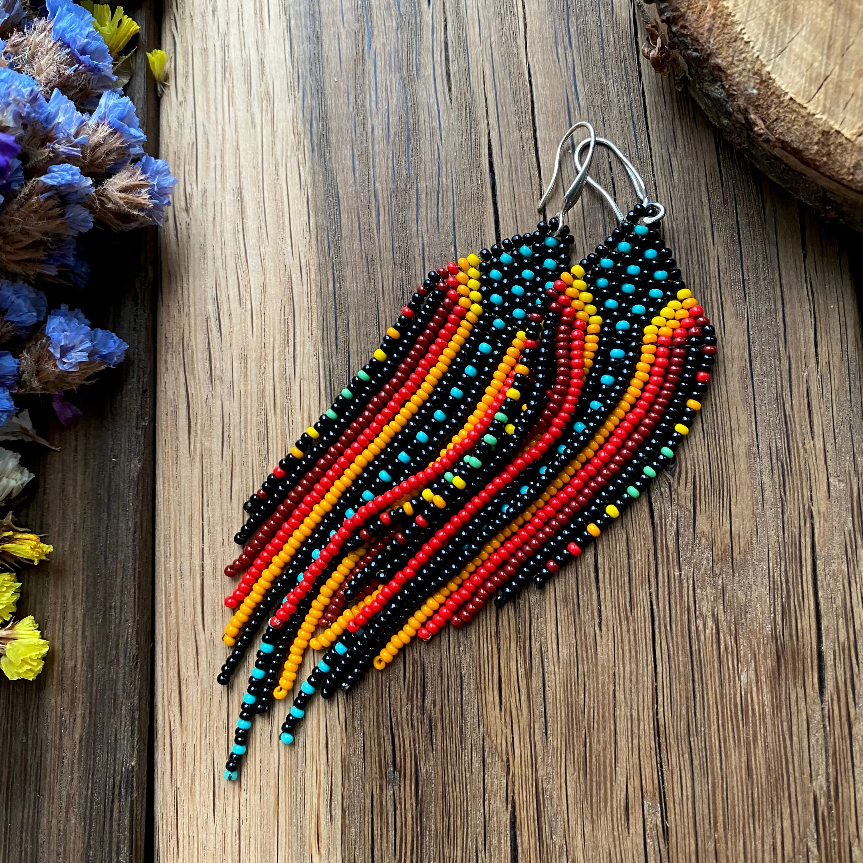 Dangle Colorful Seed Bead Chandelier Earrings for Women in boho hippie style. Statement Fringe Earrings. Long Indigenous style Earrings Native inspired. Ukraine seller.