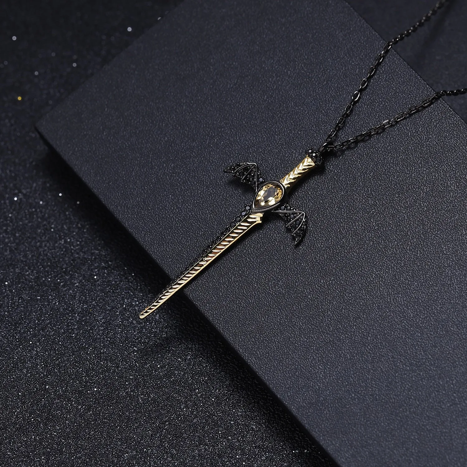 Gothic Style Dagger Design Natural Crystal Pendant Silver Necklace for Women