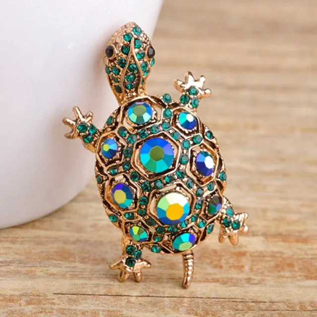 Green Rhinestone Turtle Brooch Pin