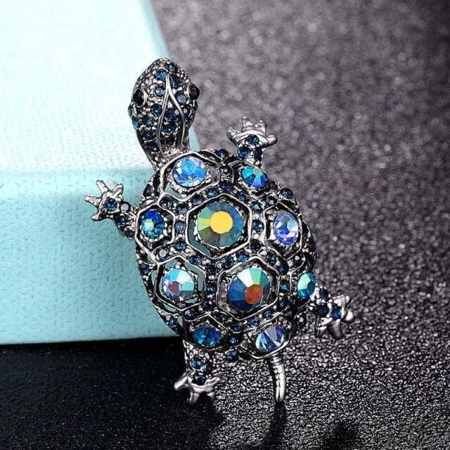 Green Rhinestone Turtle Brooch Pin