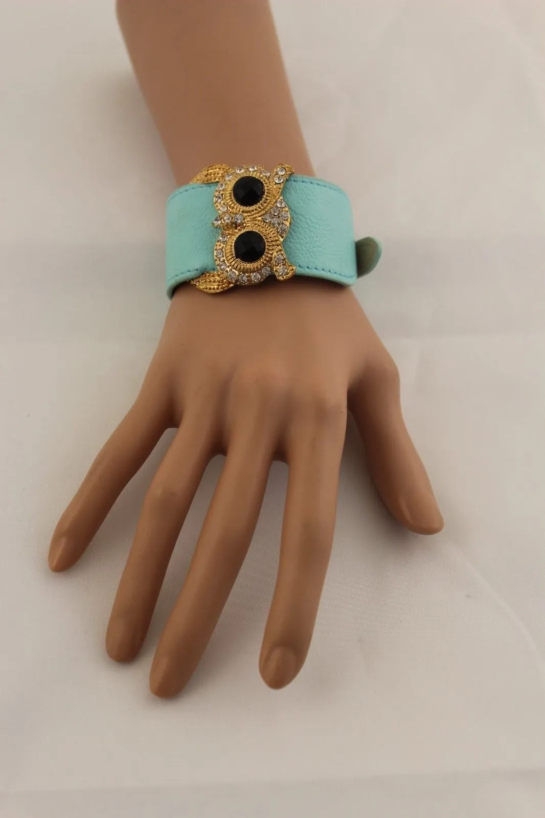 Leather Strap Nude Bracelet Gold Owl Black Rhinestone