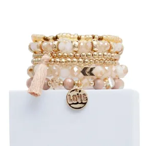 Light Brown Stretch Bracelet Set Tassel Love Charm