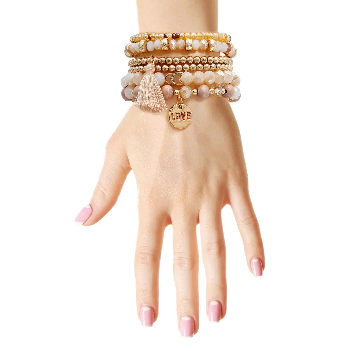 Light Brown Stretch Bracelet Set Tassel Love Charm