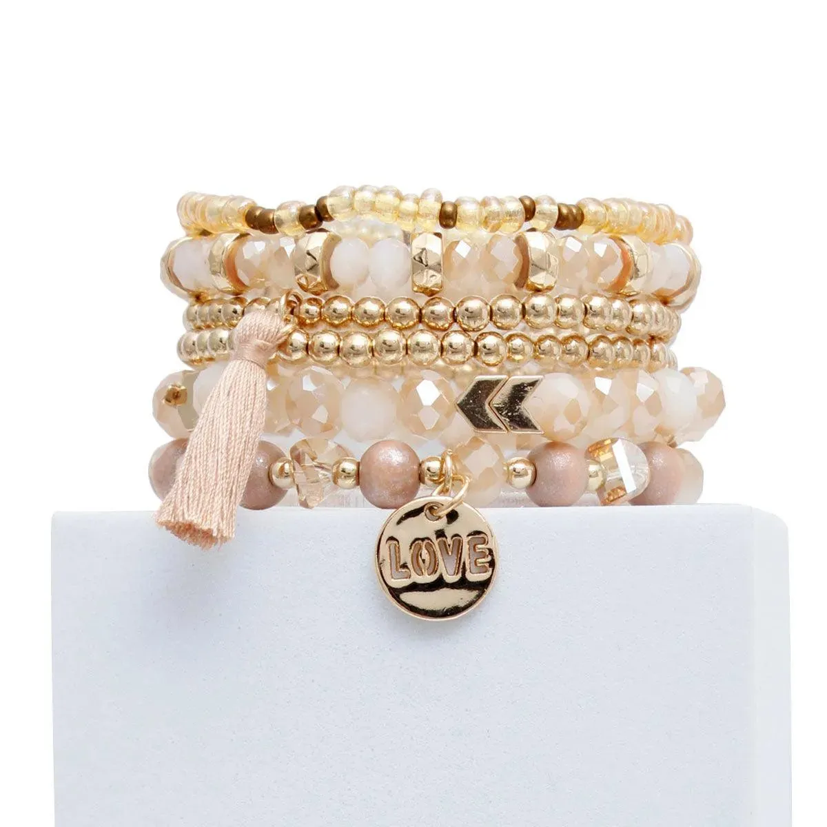 Light Brown Stretch Bracelet Set Tassel Love Charm