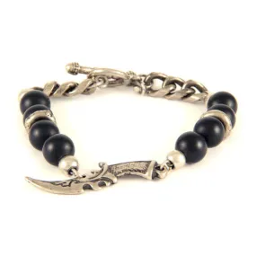 Mens Black Agate Beaded Bracelet with Silver Chain and a Dagger Charm