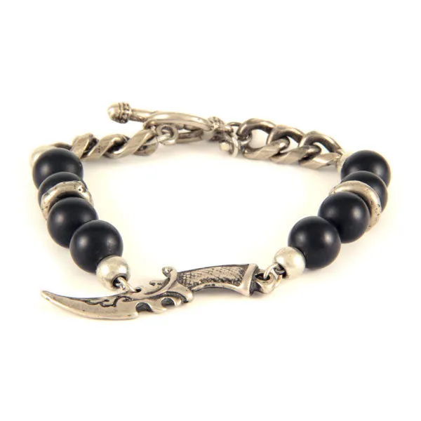 Mens Black Agate Beaded Bracelet with Silver Chain and a Dagger Charm