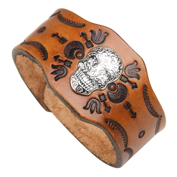 Men's Genuine Tooled Leather Wide Cuff Bracelets 9 Different Styles Turquoise Conchos Buffalo Skull Brown Cowhide Or Black Adjustable Size Snap Closure