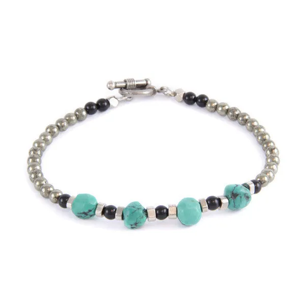 Mens Quad Turquoise Nuggets and Tiny Round Black and Pyrite Beads Toggle Bracelet