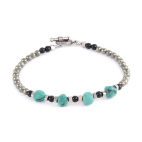 Mens Quad Turquoise Nuggets and Tiny Round Black and Pyrite Beads Toggle Bracelet