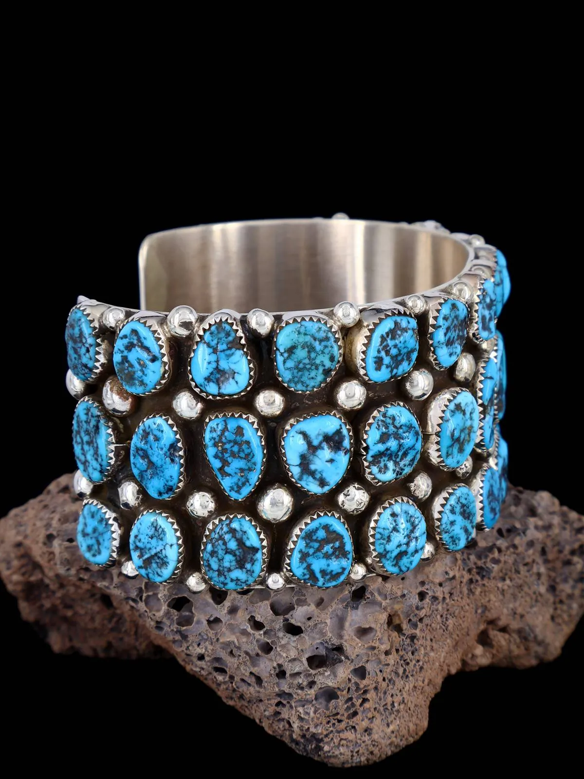 Navajo Sterling Silver Turquoise Row Cuff Bracelet