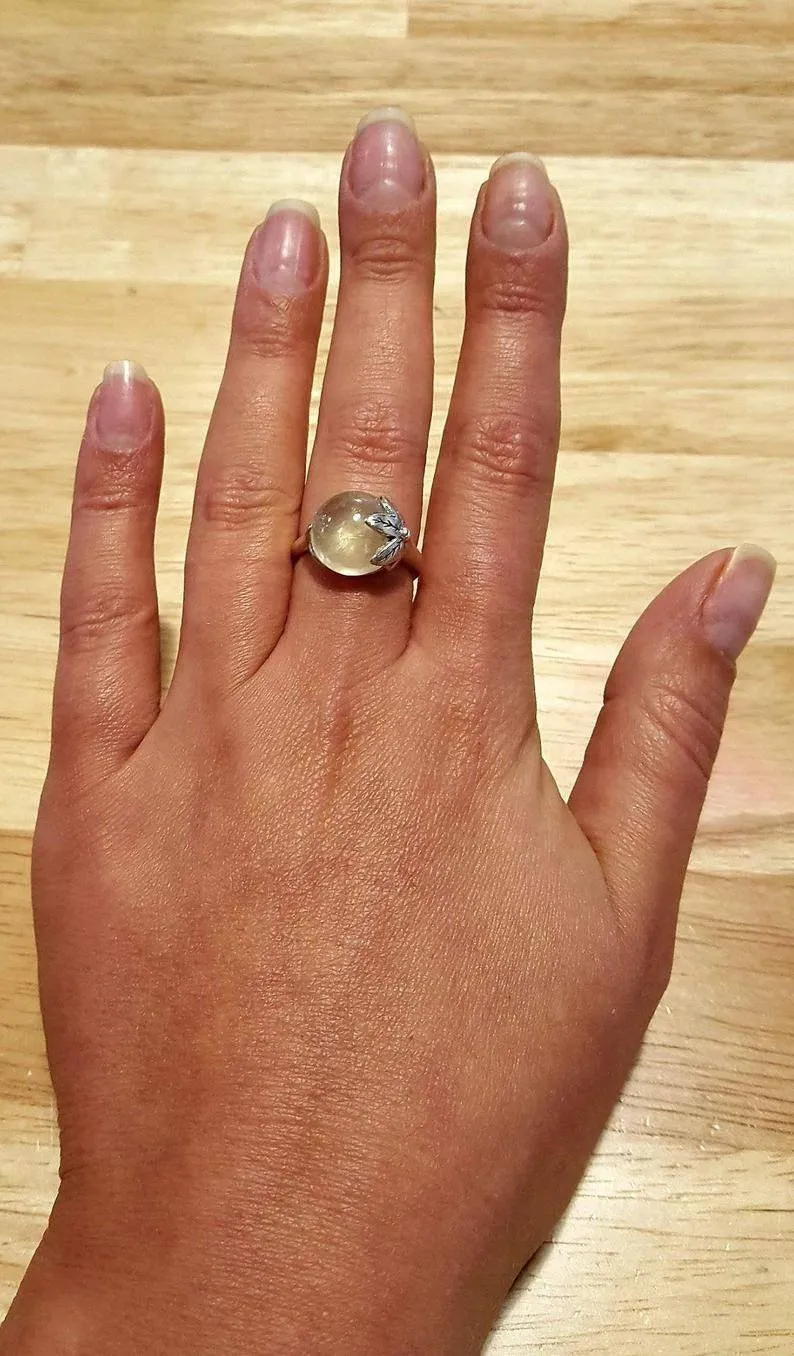 Prehnite Gold Ring - Leaf Ring, Natural Prehnite Ring, Round Prehnite Gold Ring