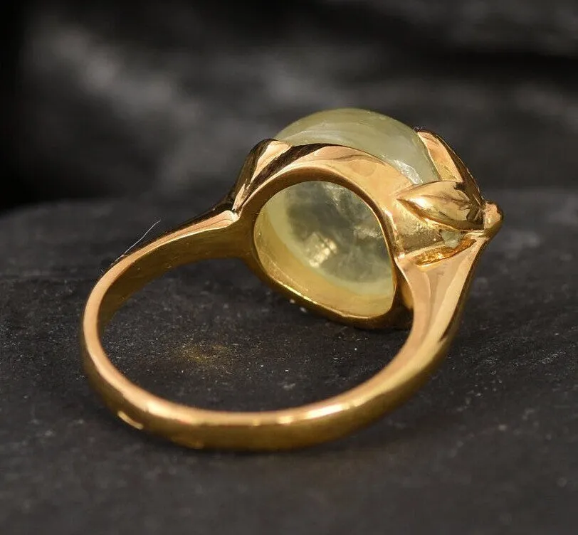 Prehnite Gold Ring - Leaf Ring, Natural Prehnite Ring, Round Prehnite Gold Ring