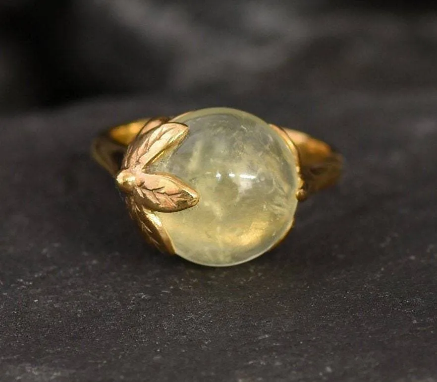 Prehnite Gold Ring - Leaf Ring, Natural Prehnite Ring, Round Prehnite Gold Ring