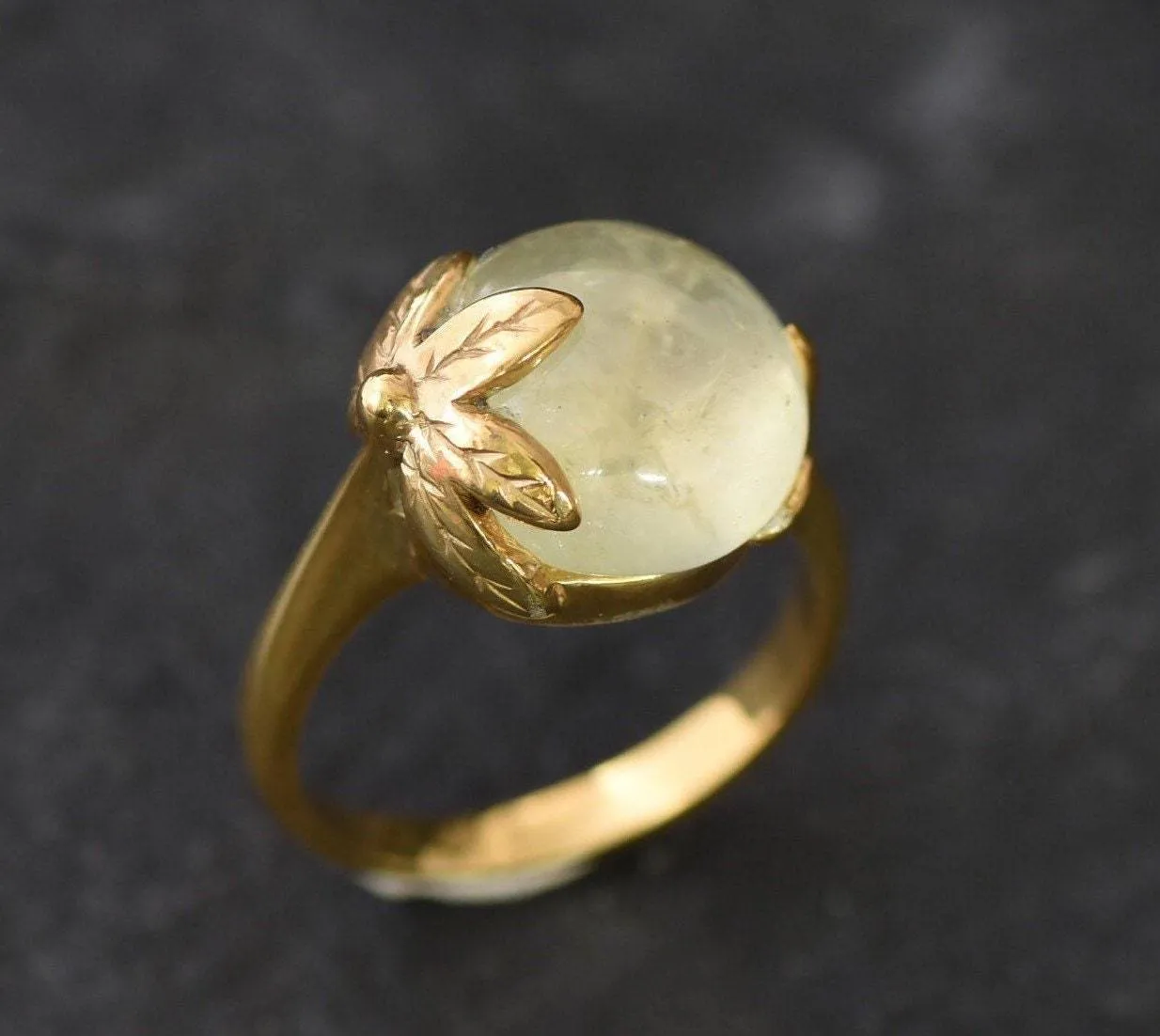 Prehnite Gold Ring - Leaf Ring, Natural Prehnite Ring, Round Prehnite Gold Ring