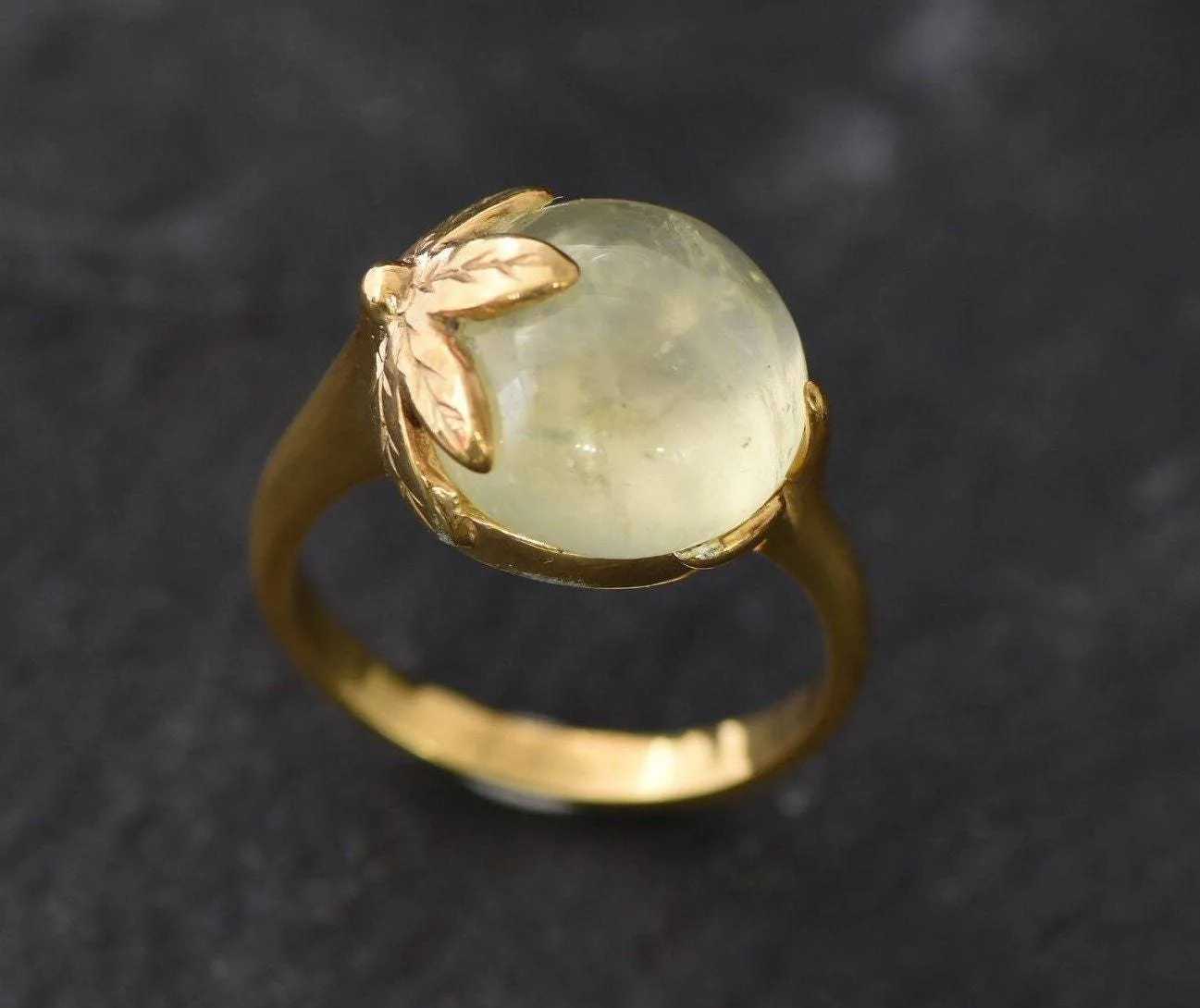 Prehnite Gold Ring - Leaf Ring, Natural Prehnite Ring, Round Prehnite Gold Ring