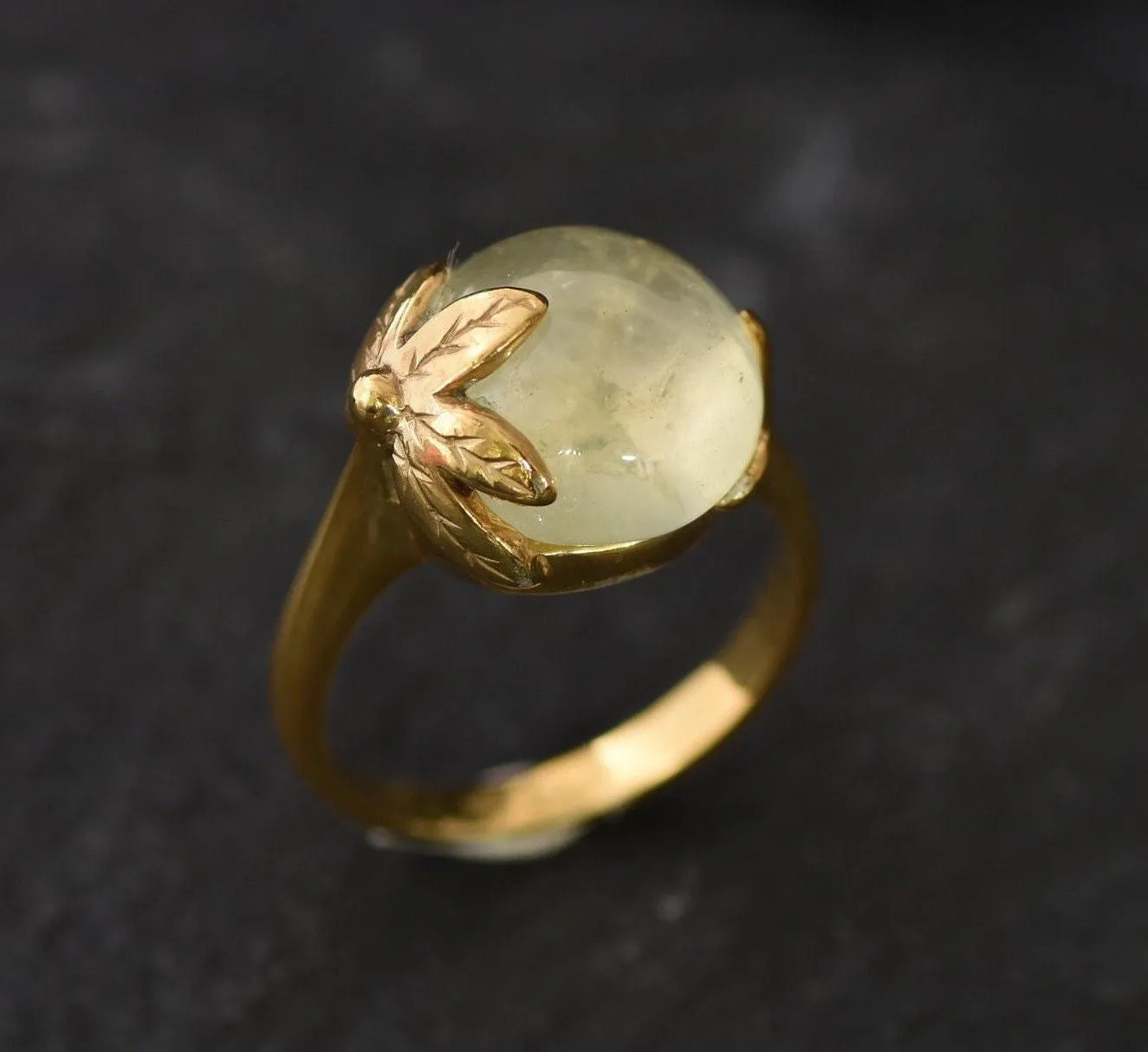 Prehnite Gold Ring - Leaf Ring, Natural Prehnite Ring, Round Prehnite Gold Ring
