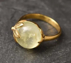 Prehnite Gold Ring - Leaf Ring, Natural Prehnite Ring, Round Prehnite Gold Ring