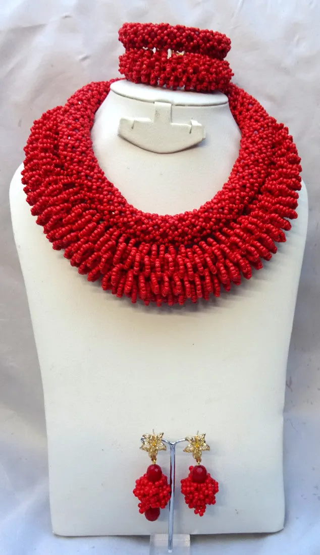 Red Elegant African Beads Latest 2 Design Bridal Wedding Jewellery Set