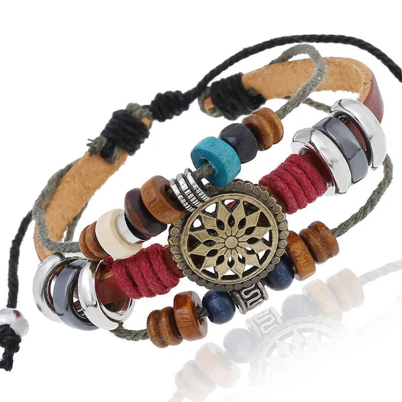 Retro Personality Cattle Leather Bracelet Fashionable Temperamental All-Match Beaded Leather Bracelet New Bracelet Factory Supply