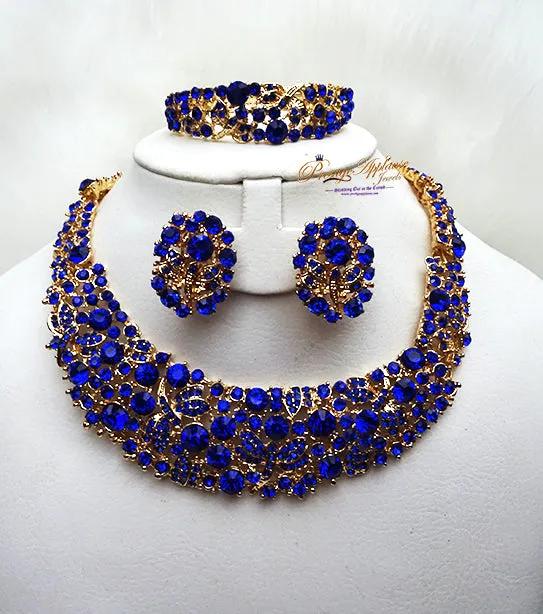Sparkling Royal Blue Gold Costume Fashion Party Wedding Necklace Earring Bracelet Jewellery Set