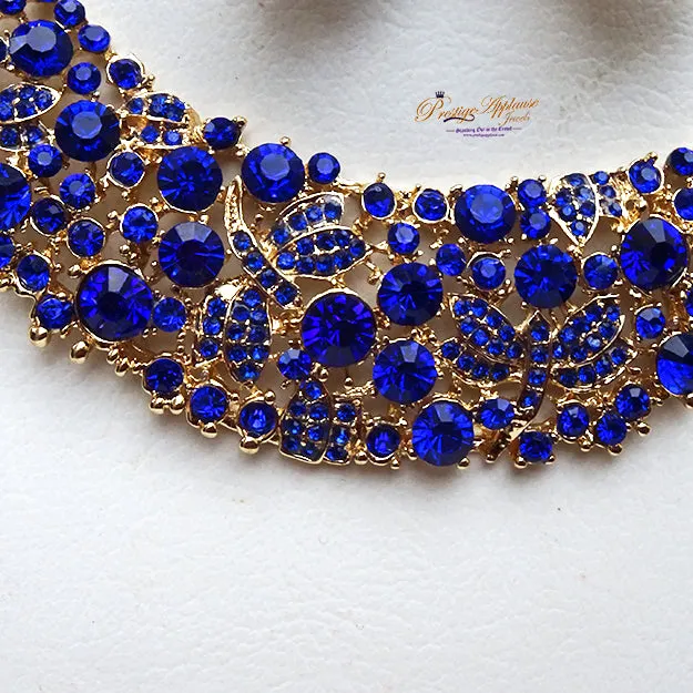 Sparkling Royal Blue Gold Costume Fashion Party Wedding Necklace Earring Bracelet Jewellery Set