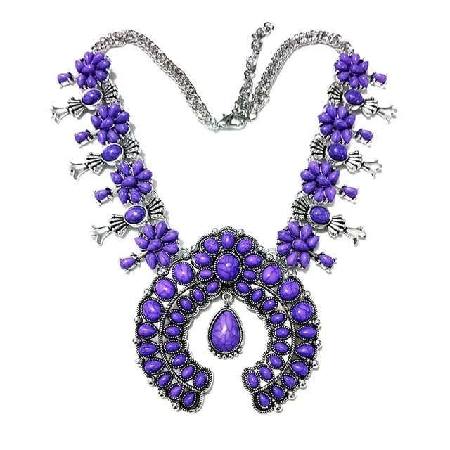 Squash Blossom  6 Colors 9 Styles You Choose Silver With Black Red Gray Green Turquoise Or Purple Long Indian Statement Jewelry Bohemian Boho Cowgirl Southwestern Necklaces