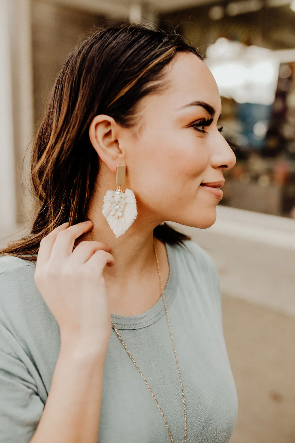 Stacia Raffia Long Crystal gemstone fan Earrings