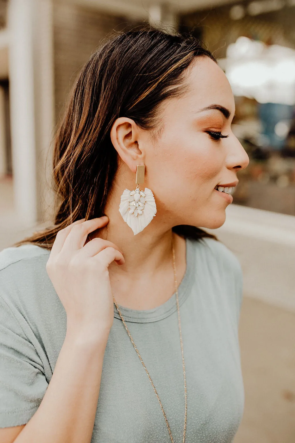 Stacia Raffia Long Crystal gemstone fan Earrings